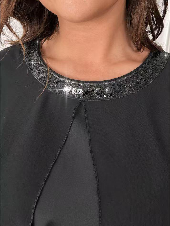 Completo da Donna Taglie Forti con Paillettes, Chiffon, Girocollo, Manica 3/4, Vita Elastica