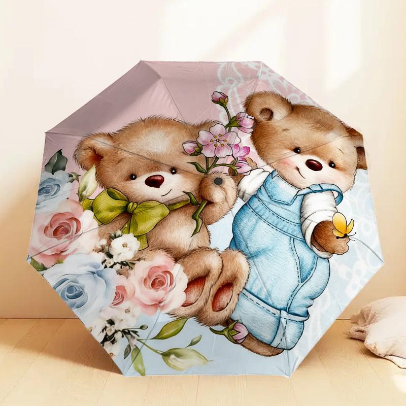 1pc Teddy Bears Flowers Automatic Folding Umbrella, Heavy Duty 8 Rib Iron Frame, Suitable for Travel, Daily Use, Birthday, Decor Gift m0104025