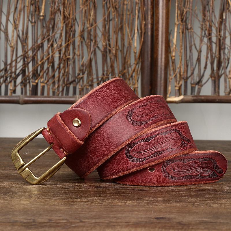 

Ремень мужской ретро-персонаж, первый слой коровьей кожи, резная пряжка, молодежный модный джинсовый повседневный ремень 125cm