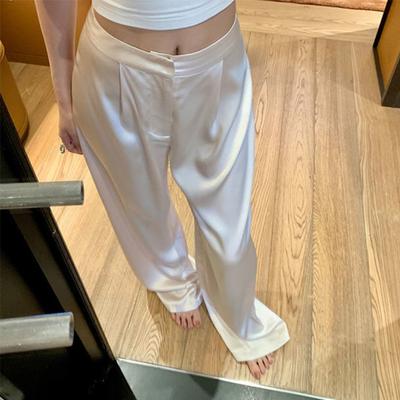 Elegant Satin Wide Leg Pants Women Fashion High Waist Black White Pants Summer Ladies Korean Baggy Straight Trousers