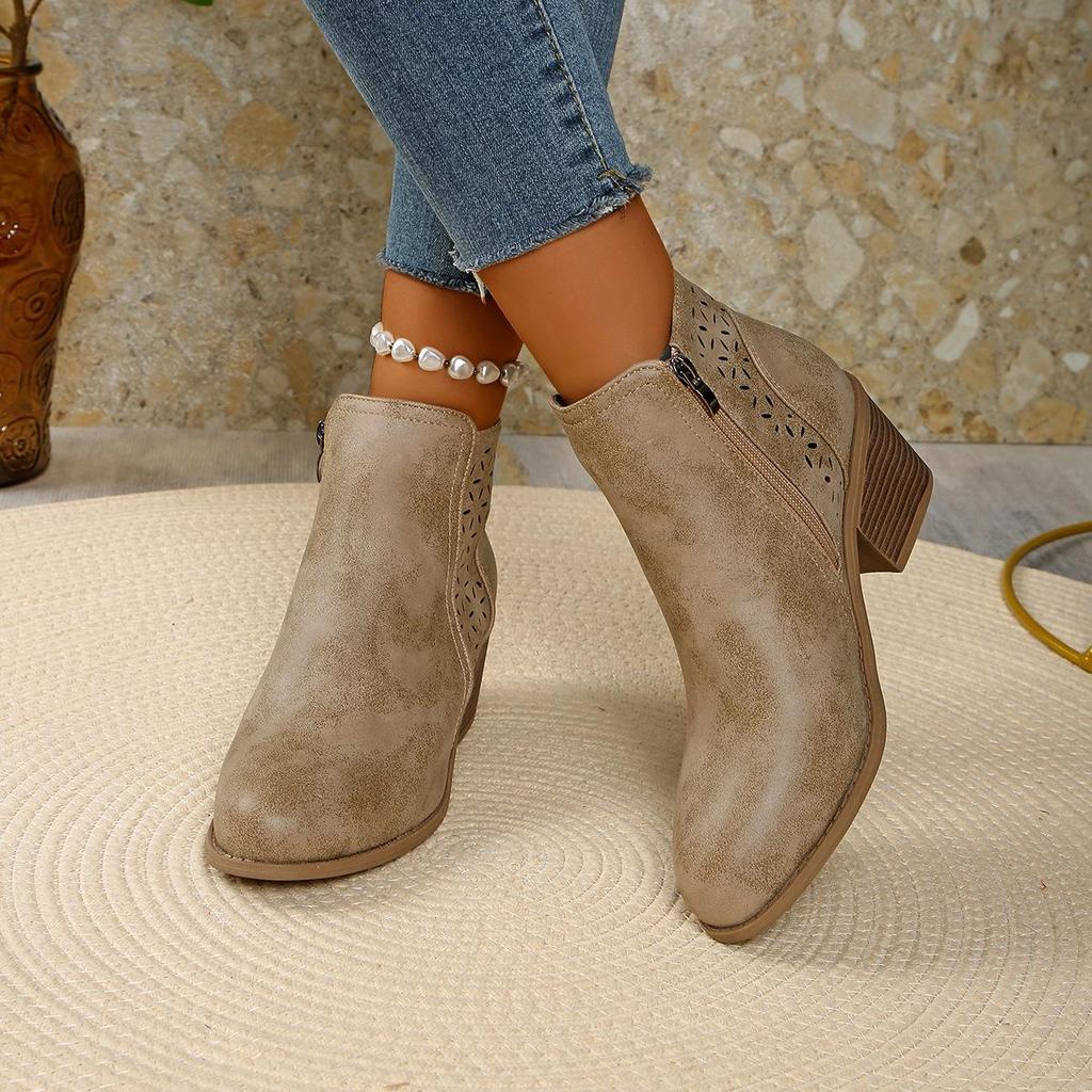 Stivaletti da Caviglia da Donna Vintage Slip-On con Tacco Basso Largo a Blocco, Punta Mandorla Punta Tonda, Stivali Invernali con Tomaia e Fodera in PVC, Beige/Marrone Caramello/ Blu/Scuro