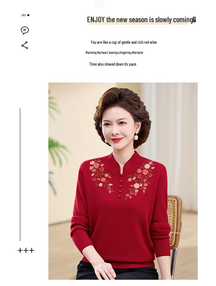 High-End Embroidered Cashmere Sweater for Women - Loose, Festive, Perfect for Middle-Aged and Elderly Moms, Pure Wool Base Layer