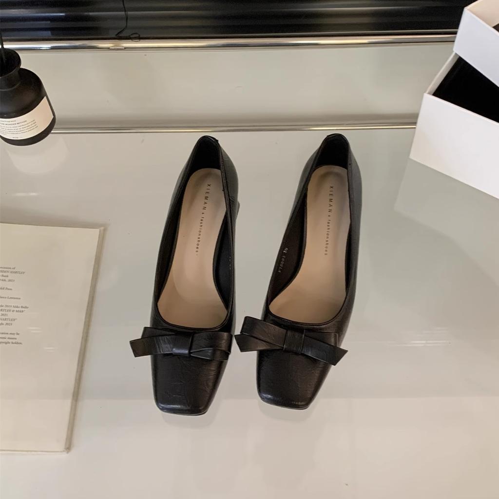 Burgundy High Heels 2025 Autumn French New Women's Shoes Square Head Bow Light Mouth Thick Heel Single Shoes