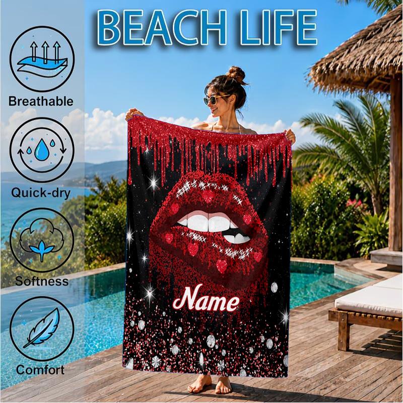 Custom Name Red Lips Art Beach Towel Microfiber Beach Towel, Lightweight and Quick-Dry, for Summer Travel, Swimming Pool Gift
