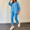 Summer 2 Piece Outfit for Women Oversized Button Down Long Sleeve Shirt And Cropped Pants Set Casual Loungewear Tracksuit