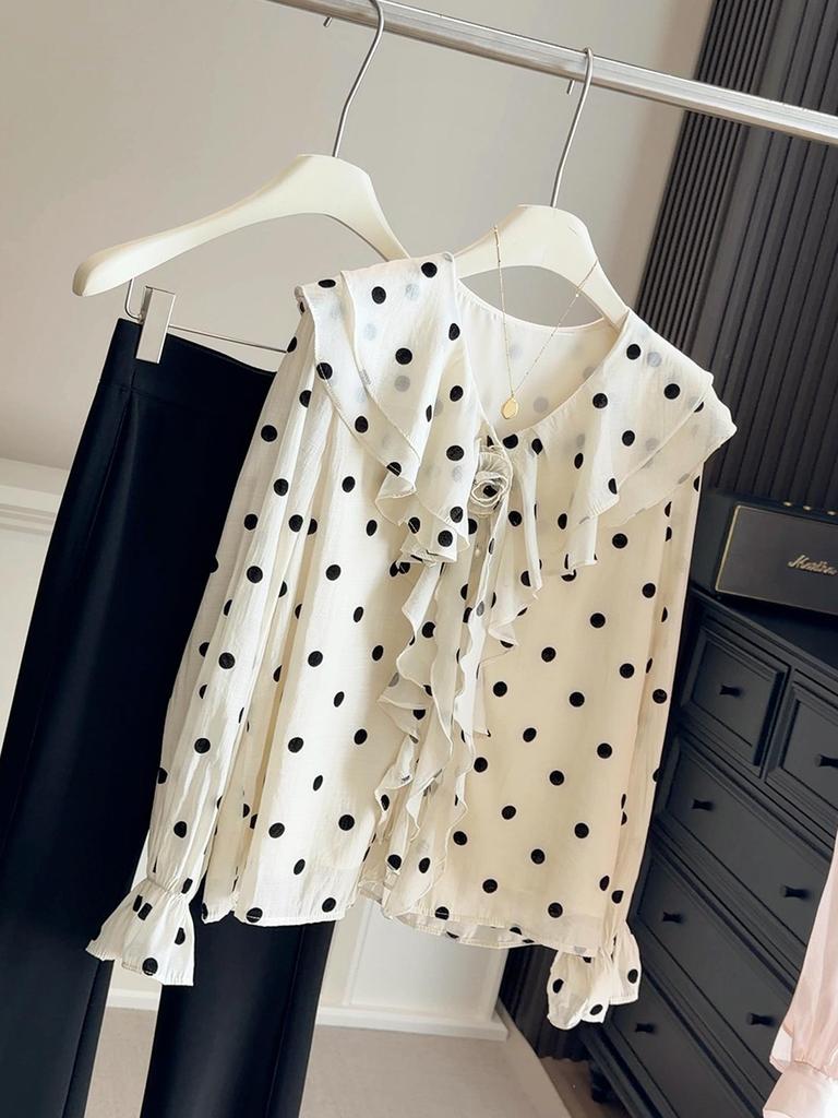 Women's Polka Dot Ruffle Long Sleeve Loose Shirt - French Style, Spring/Autumn