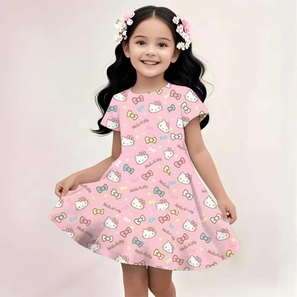Sanrio New Summer Girls Dress Hello Kitty 3D Printed Fashionable Cartoon Cute Princess Girls Clothes Skirt Party Boys Kitty Cat
