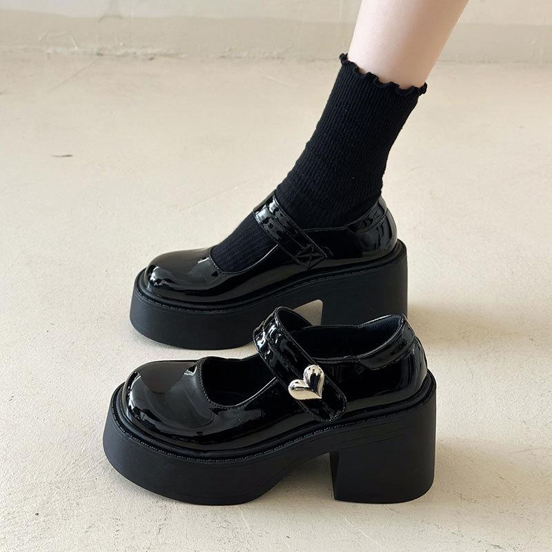 Französische schwarze Plateau-Pumps mit dickem Absatz Damen Herbst neue erhöhende Mary Jane Schuhe kurze Le High Heels