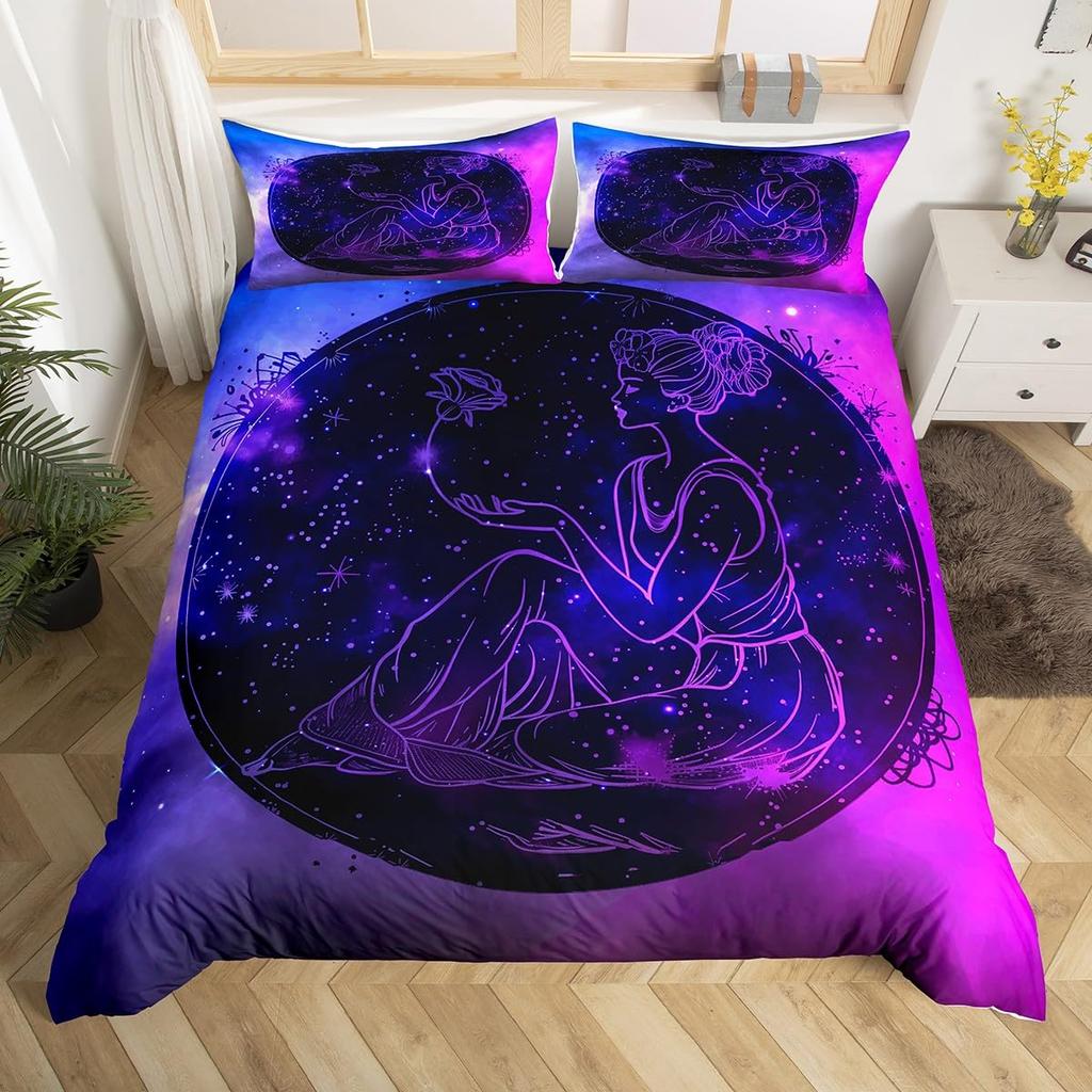 Comforter Gemini Kingboho Starry Constellations Astrology Zodiac Comforter Mandala Flower Neon Blue Glitter Bedding Set