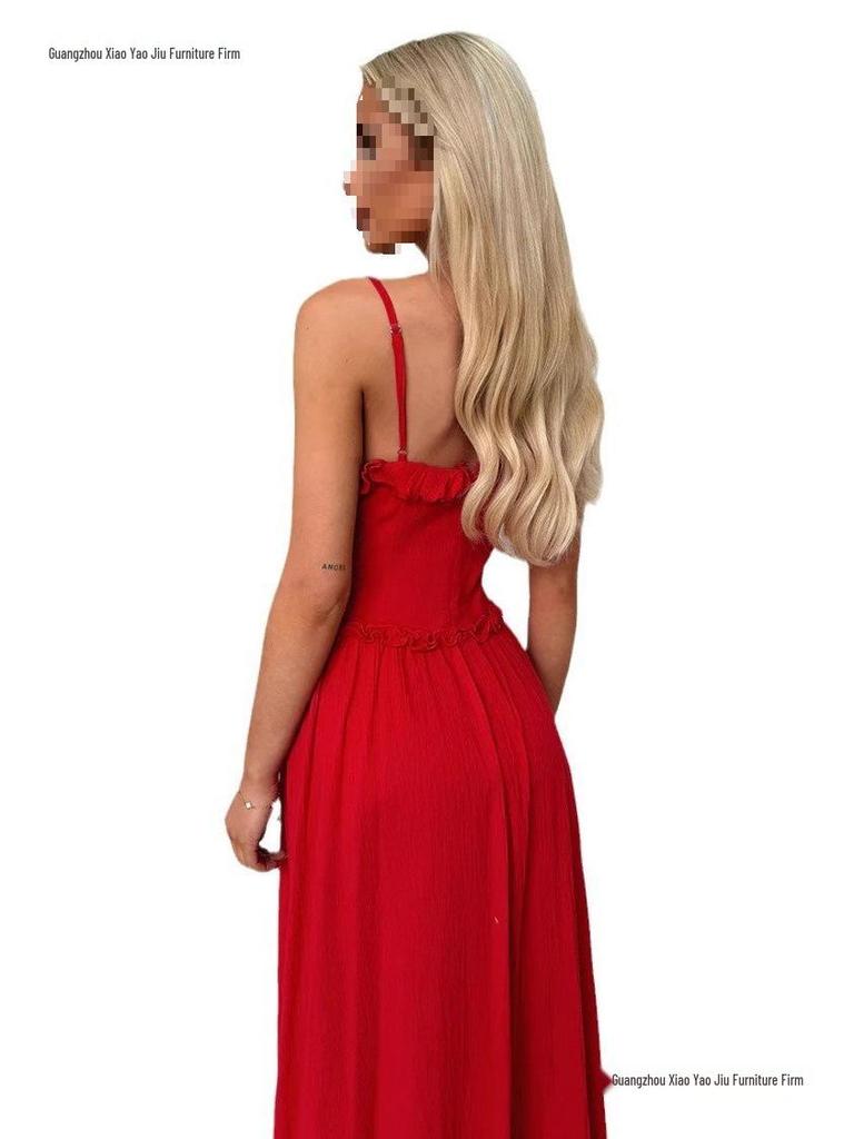 2026 European Spring/Summer Spaghetti Strap Ruffle Dress - Casual Loose Vacation Wear for Women