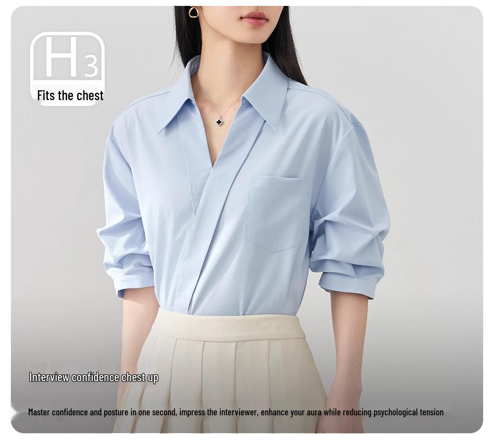 Women's Elegant V-Neck Lapel White Short-Sleeve Shirt, Chic Summer Style, Unique Design
