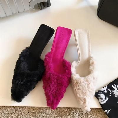 Winter Pantoffels Muilezel Puntige Hoge Hakken Dames Herfst Nieuwe Mode Slippers Kantoorwerk Buitenpantoffels Zapatos De Mujer