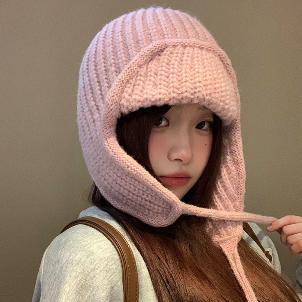 Ear Protection Knitted Flying Cap Korean Style Woolen Crochet Cap Knitted Woolen Hat  Autumn