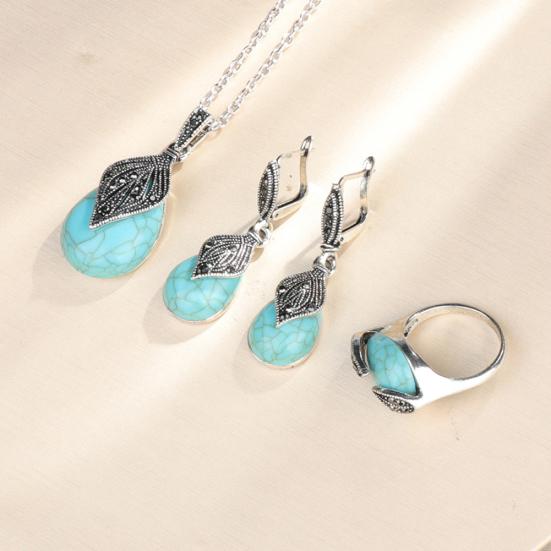 Vintage Leaf Faux Turquoise Pendant Necklace Ring Leaverback Earring Jewelry Set