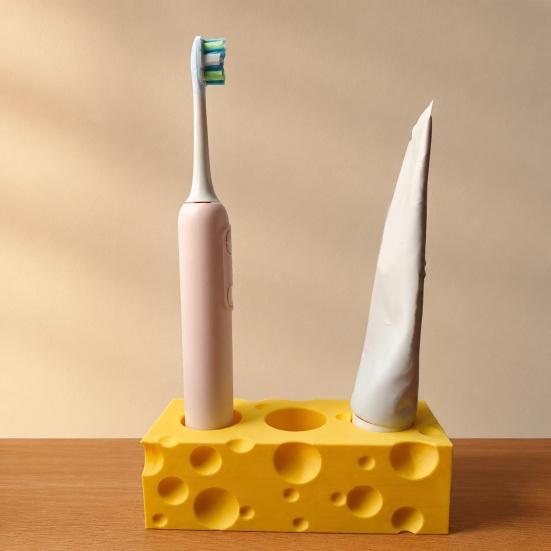 Toothbrush Holder, 3-Hole Partitioned Storage, Creative Cheese Shape Organizer, with Hollow Drainage Structure Stand for Electric Toothbrushes