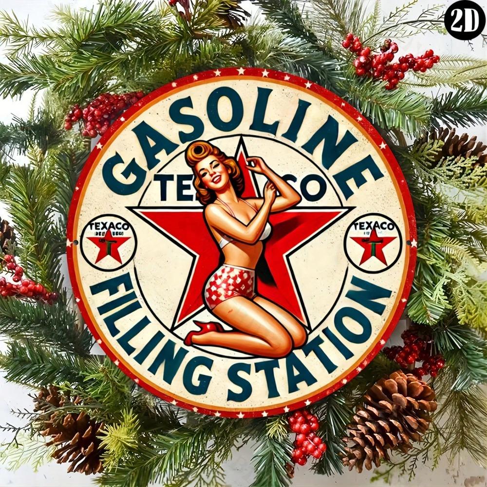 Vintage Gas Station Retro Metal Sign Home Decor Wall Art Aluminum Round Sign 8x8 Inch