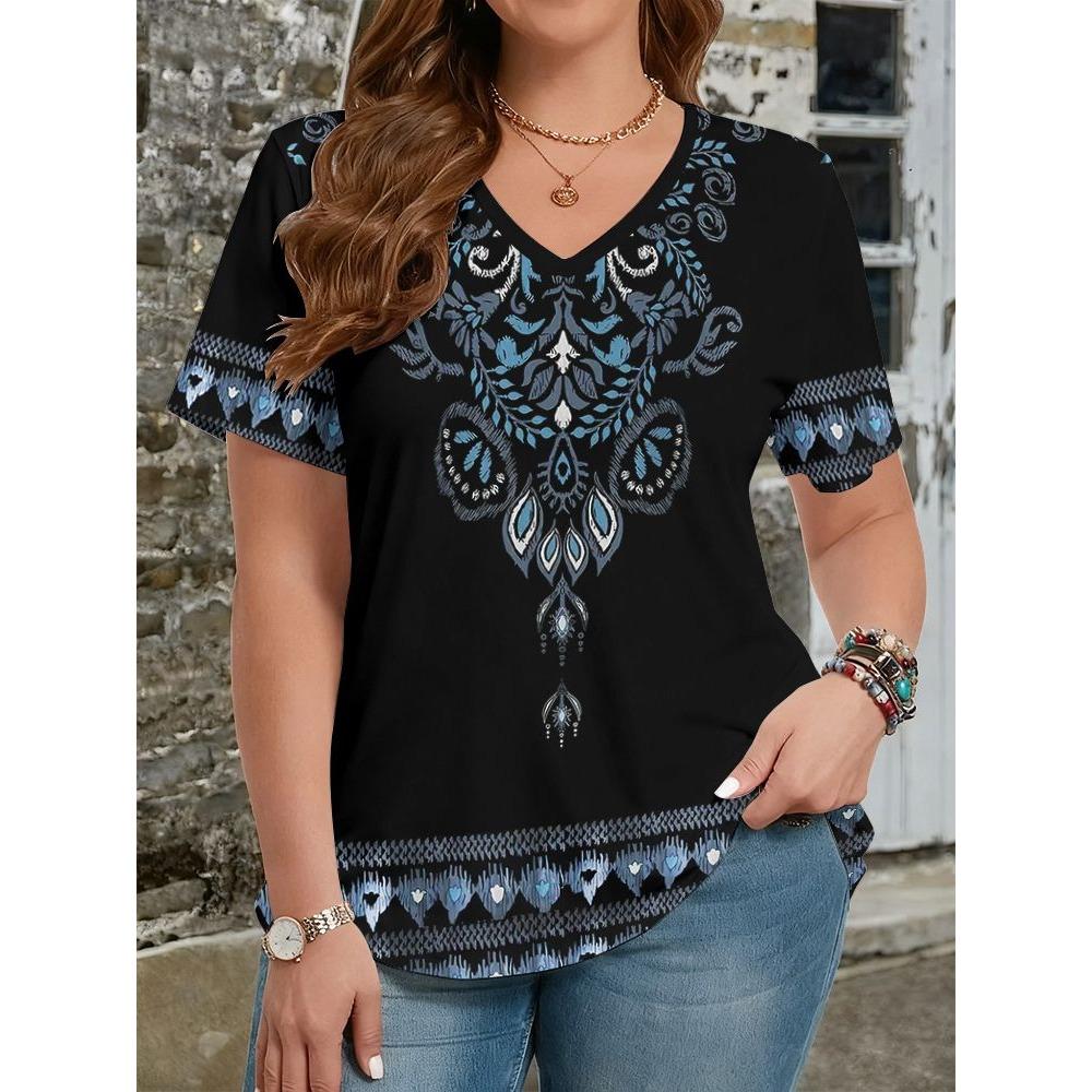 Summer Ethnic Style Floral 3D Print T-Shirts Women's V-Neck Short Sleeve T Shirt Y2k Harajuku Tees Casual Tops Female Clothing