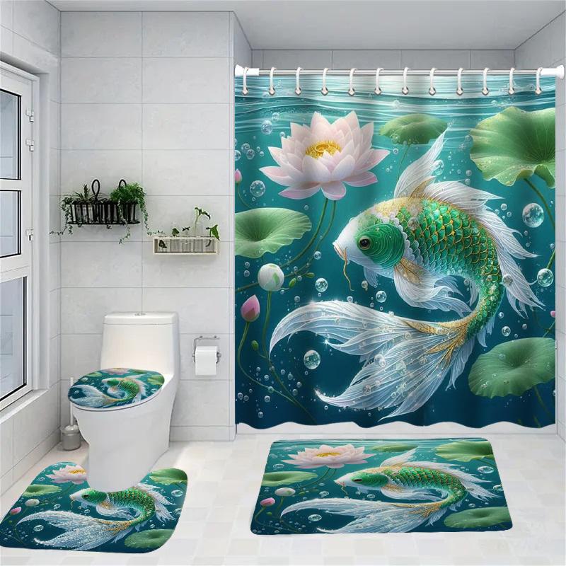 

Fishes Shower Curtain Animal Bath Sets Waterproof Non-Slip Bathroom Rug Toilet U With 12 Hooks Home Deco W60H190(CM)-1 Pcs