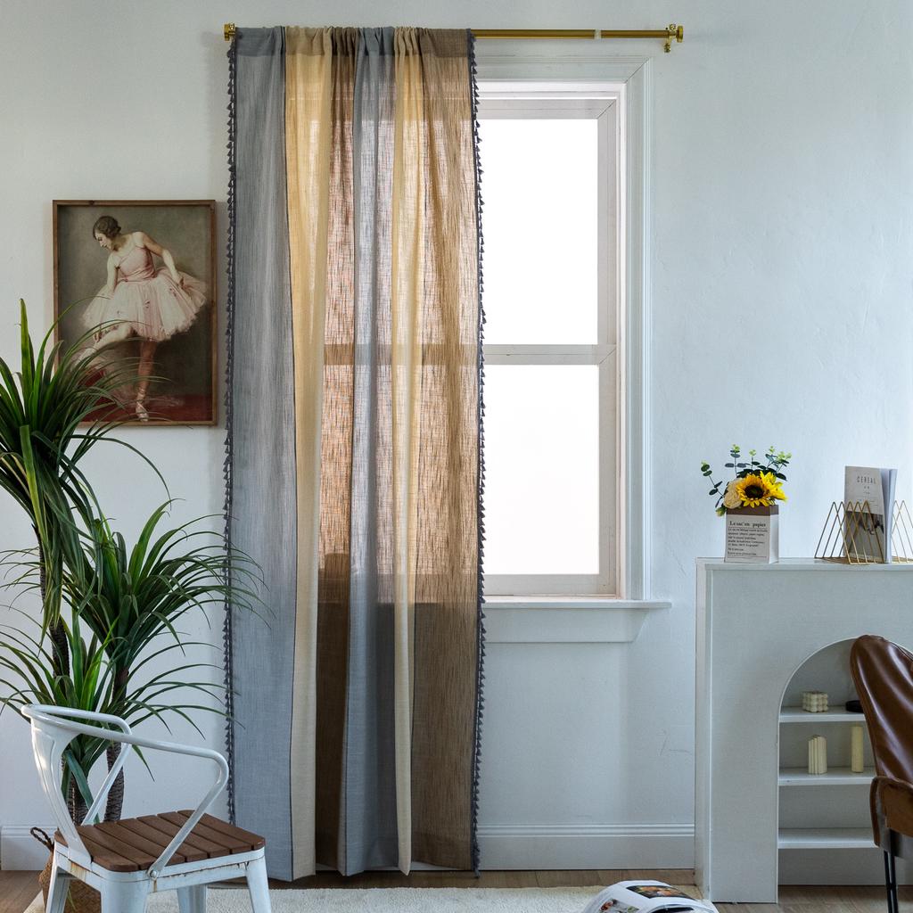 Finished Curtains Cotton And Linen Fabric Striped Color Matching Gray Fringed American Farmhouse Coffee Curtain