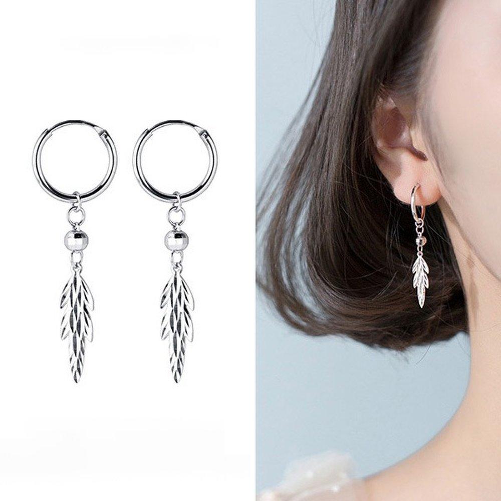 P1094W Silver S925 Silver Cutting Ball Leaf Hoop Earrings (1 Pair)