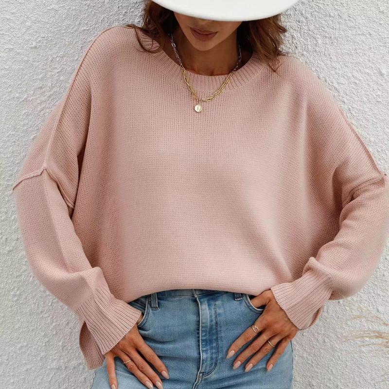 IHUASU Autumn and Winter Fashion Women's O-Neck Knit Loose Split Pullover Sweater