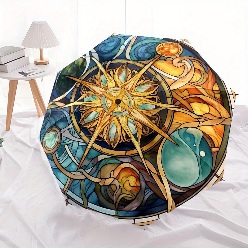 Stained Compass Rose Window ArtUmbrella, Portable 3-Fold Compact Umbrella for Men & Women Gift