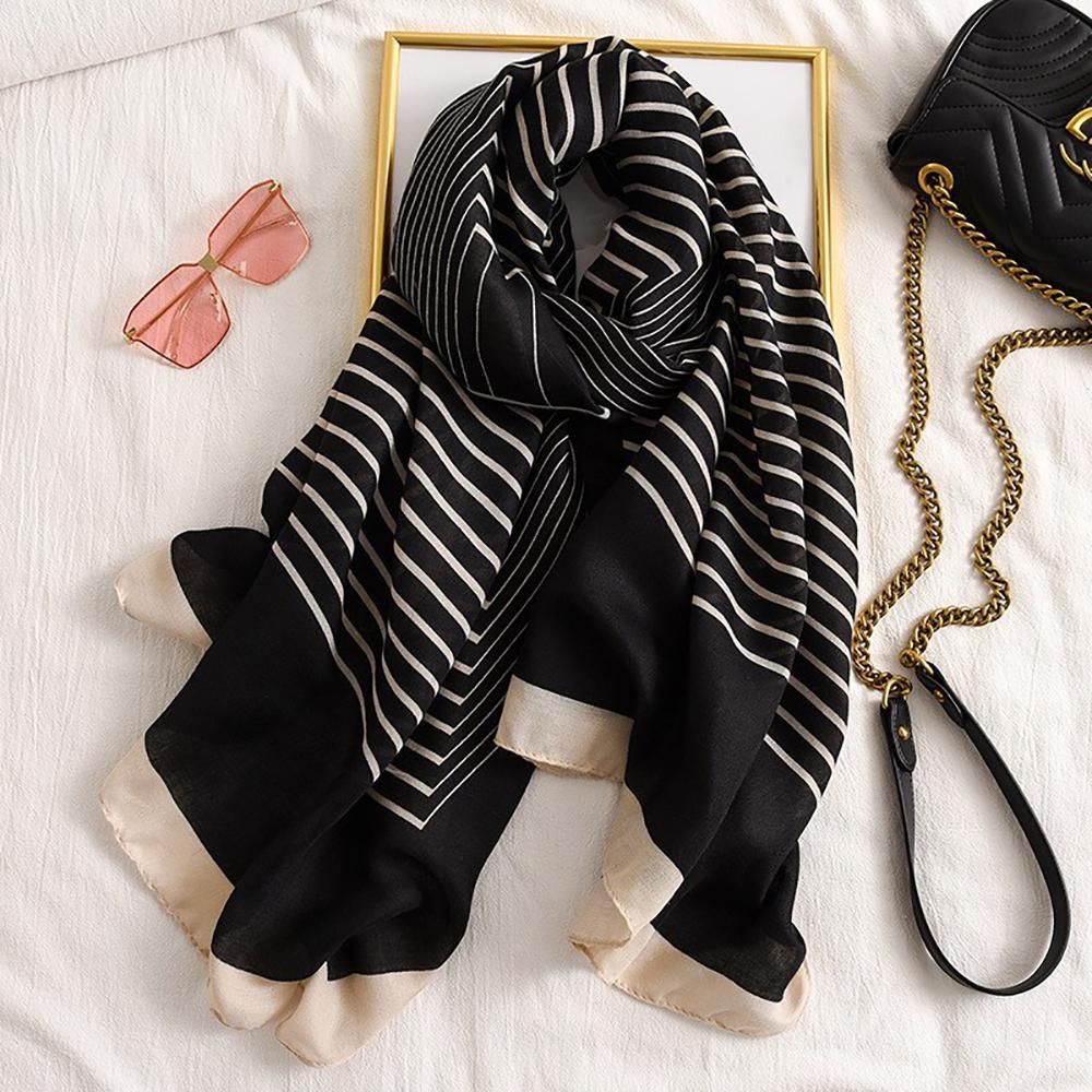 Classic Black White Striped Scarf Elegant Thin Breathable Silky Shawl Spring Summer Sunscreen Soft Beach Towel