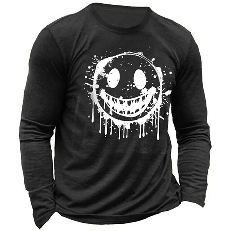 Men's Casual Autumn Breathable Long Sleeve Crewneck Printed Evil Smiley Face Pattern Clothing Y2K Top Men's Long Sleeve