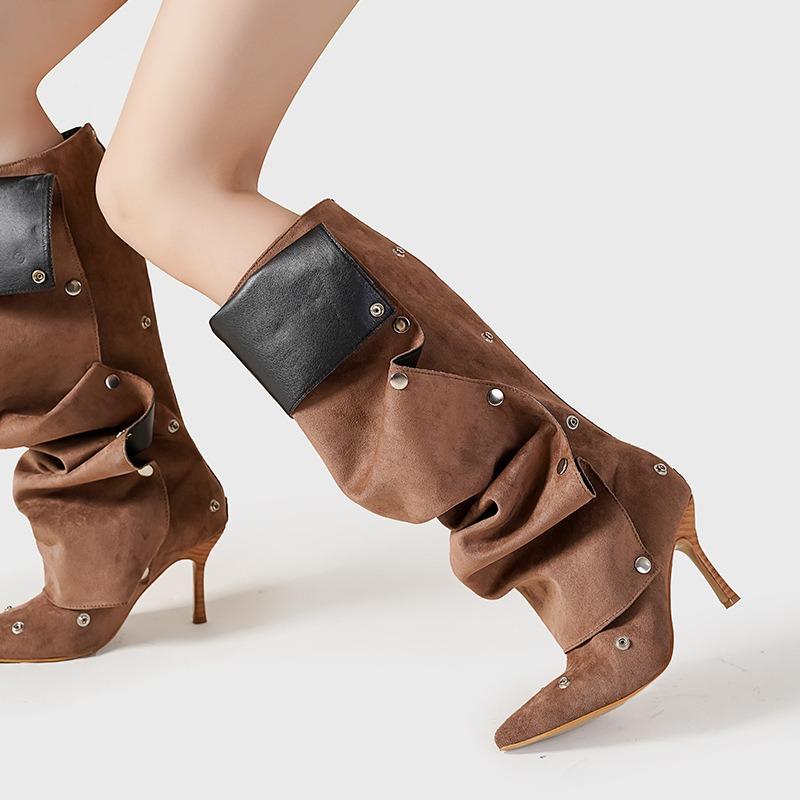 2025 Willow Studded Buckle Splicing Cowboy Pleated Boots Women Spice Girls Fashion Ladies Slim Heel Sexy Versatile Women's Shoes