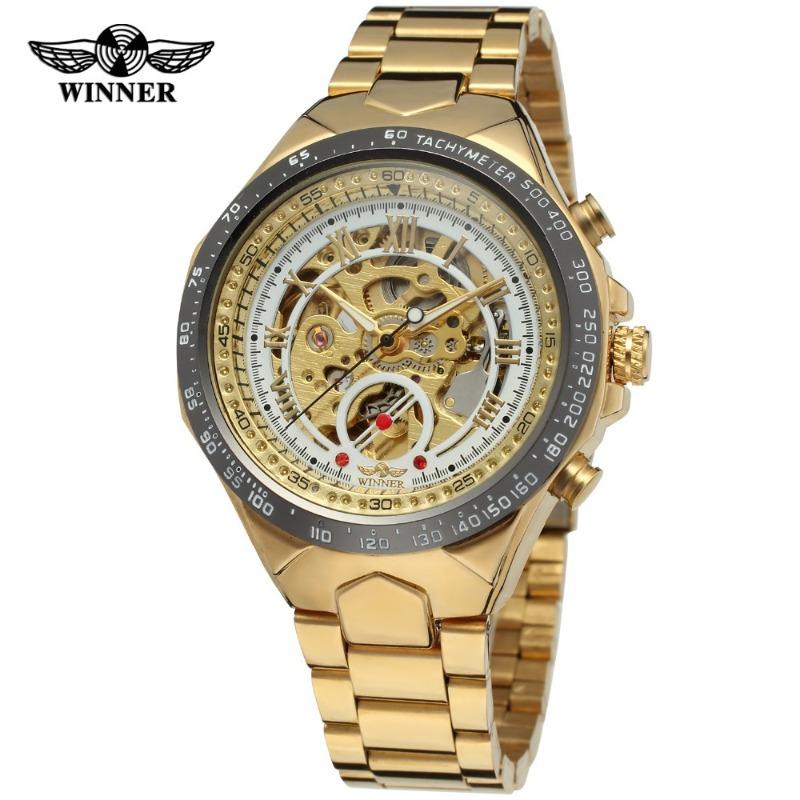 WINNER WINNER Men's Personality Fashion Gold Half Steel Hollow Semi-Automatic Mechanical Watch