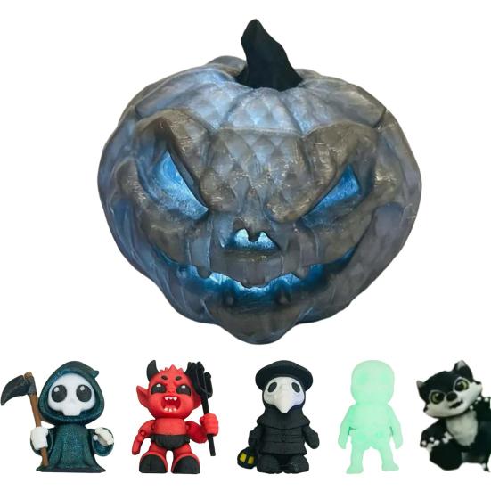 6Pcs/Set Halloween Horror Miniatures 3D Printed Miniature Spooky Figurines Pumpkin Mini Grim Reaper Wolf Zombie Ornaments for Party Favors Tabletop