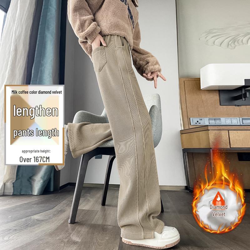 Women's Lambswool Wide-Leg Sweatpants, Autumn/Winter Narrow Straight-Leg, Tall Plus Velvet, Extra Length, Outerwear Cotton Pants.