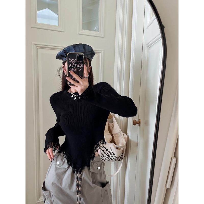 

Футболка в корейском стиле, женская трикотажная рубашка с длинным рукавом, винтажные футболки с кисточками Y2k, уличная одежда, укороченные топы для девочек M чёрный