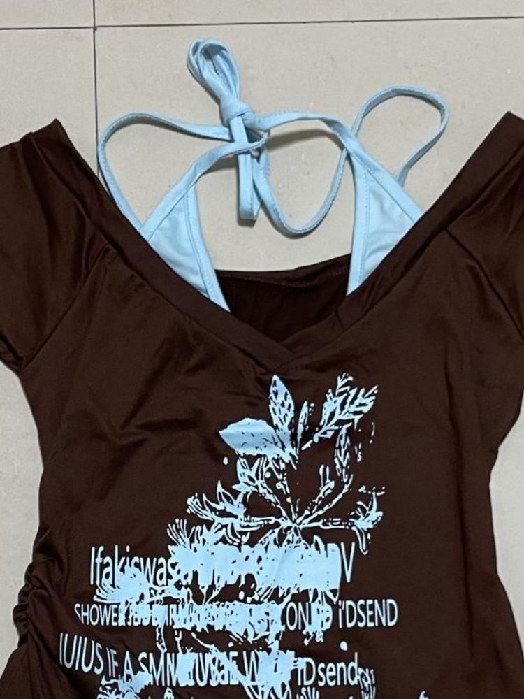 Yazlık Sahte İki Parça Halter Bandaj Vintage Tişörtler Y2k Estetik Slim Crop Toplar Kadın Grunge Baskılı Harajuku Günlük Seksi Tişörtler