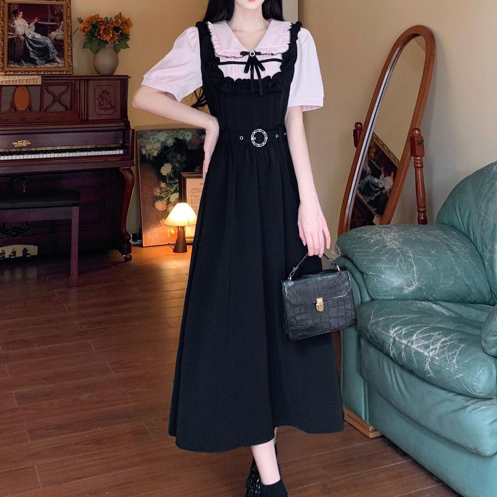Plus Size Retro Patchwork Two-Piece Long Dress with Slimming Straps and Sweet Bow Accent