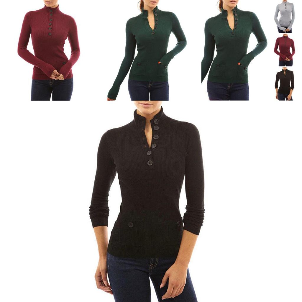 Top casual a collo alto a maniche lunghe da donna, maglione in maglia, T-shirt con bottoni, camicetta, in tessuti di alta qualità per il comfort di tutto il giorno