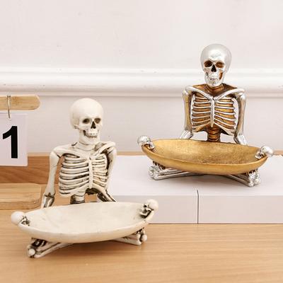 Skull Storage Tray Halloween Scary Skeleton Candy Bowl Resin Skull Fruit Snack Serving Tray Vintage Jewelry Dish for Home Tabletop Party Bar Decor