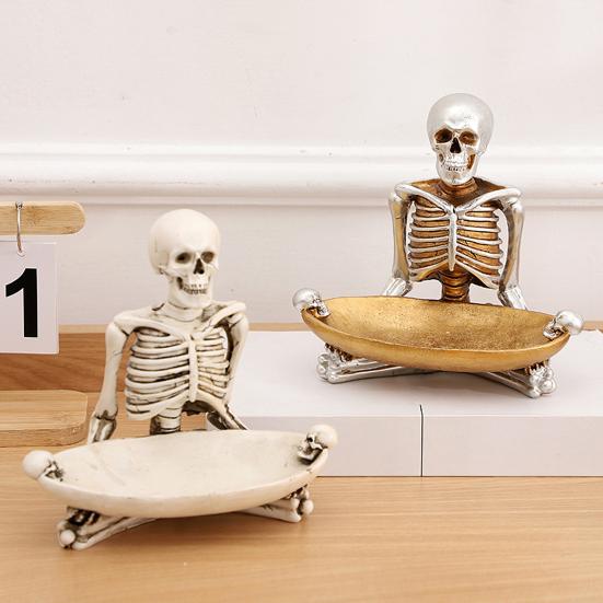 Skull Storage Tray Halloween Scary Skeleton Candy Bowl Resin Skull Fruit Snack Serving Tray Vintage Jewelry Dish for Home Tabletop Party Bar Decor