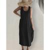 Women Comfortable Casual Linen Dresses Summer Solid Color Side Pockets Dress O Neck Pullover Sleeveless Gown