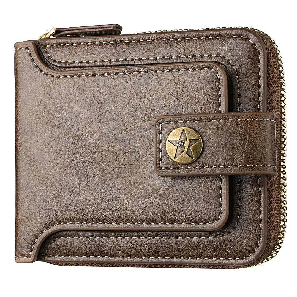 Vintage Men Pu Leather Small Wallet Short Horizontal Zipper Buckle Coin Pocket Tri-fold Fashion Multifunctional Wallet Card Bag