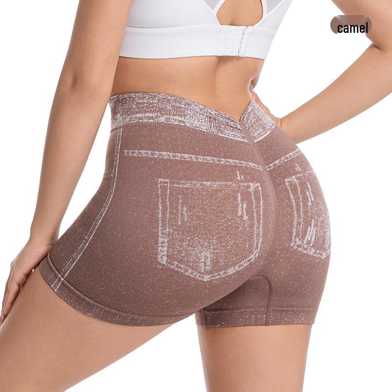 Denim-Style High-Waisted Tummy Control Peach Butt Lifting Yoga Shorts