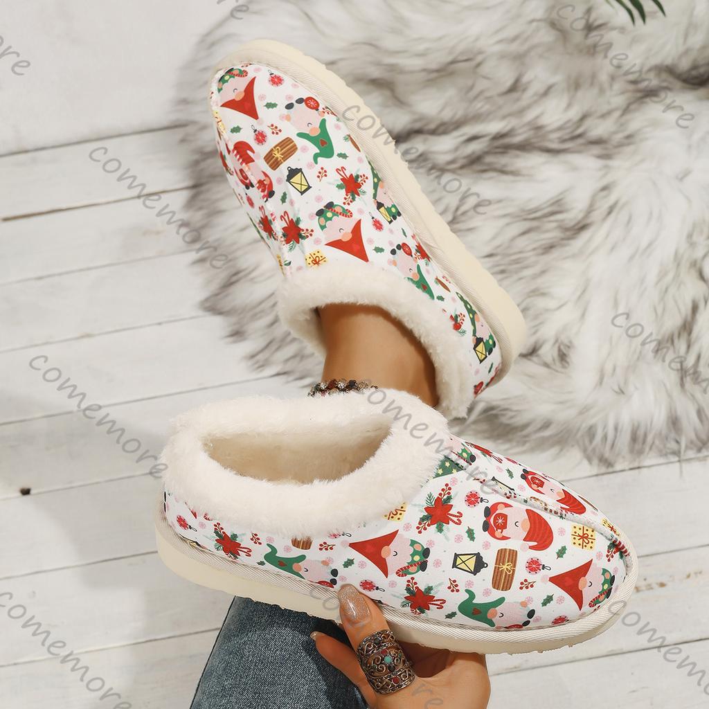Comemore Large Size Cotton Shoes Winter New Padded Thickening Slip On Boots Casual Flat Bottom Printing Round Head Women's Shoes