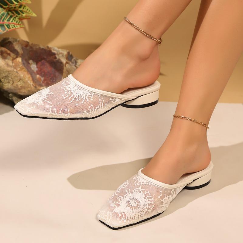 Fashion Summer Women Slippers Sexy Lace Mules Indoor Home Slides Square Toe Female Flats Shoes Outdoor Clogs Beach Sandals Flip Flops