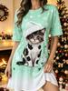 Christmas Cute Christmas Hat Kitten Snowflake Print T-shirt Skirt European and American Loose Round Neck Short-sleeved Home Skirt