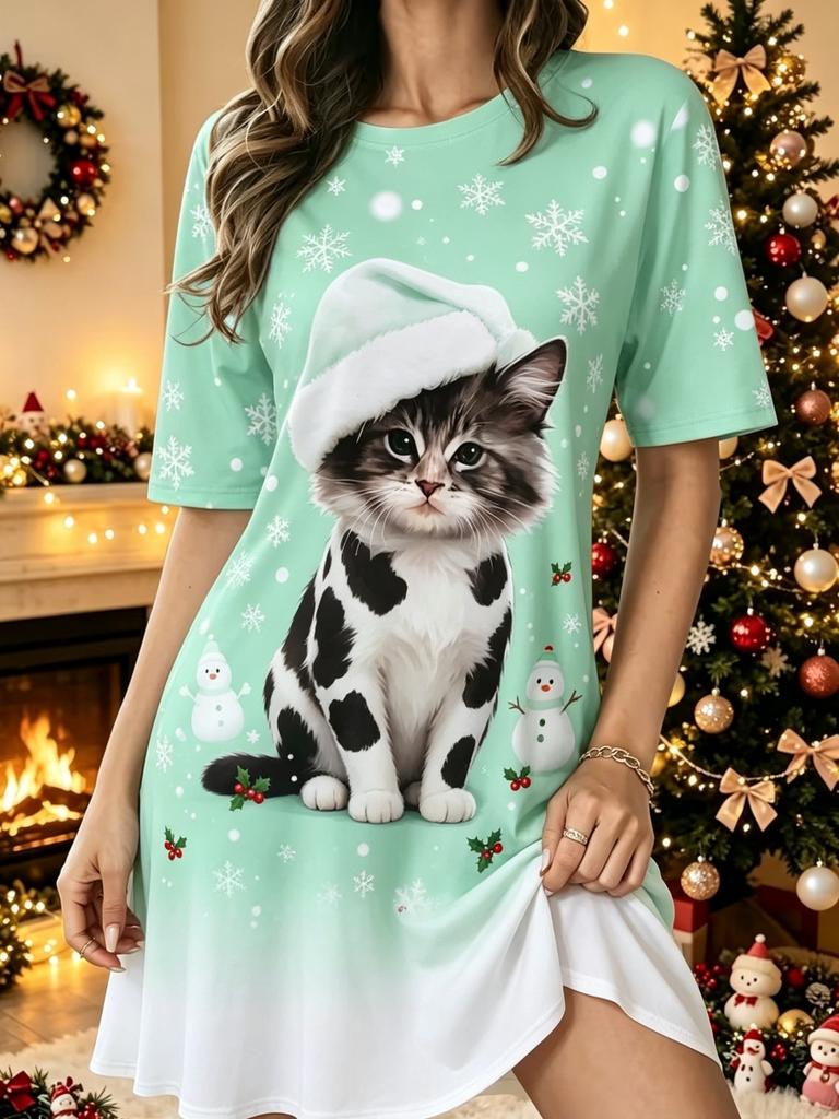 Christmas Cute Christmas Hat Kitten Snowflake Print T-shirt Skirt European and American Loose Round Neck Short-sleeved Home Skirt