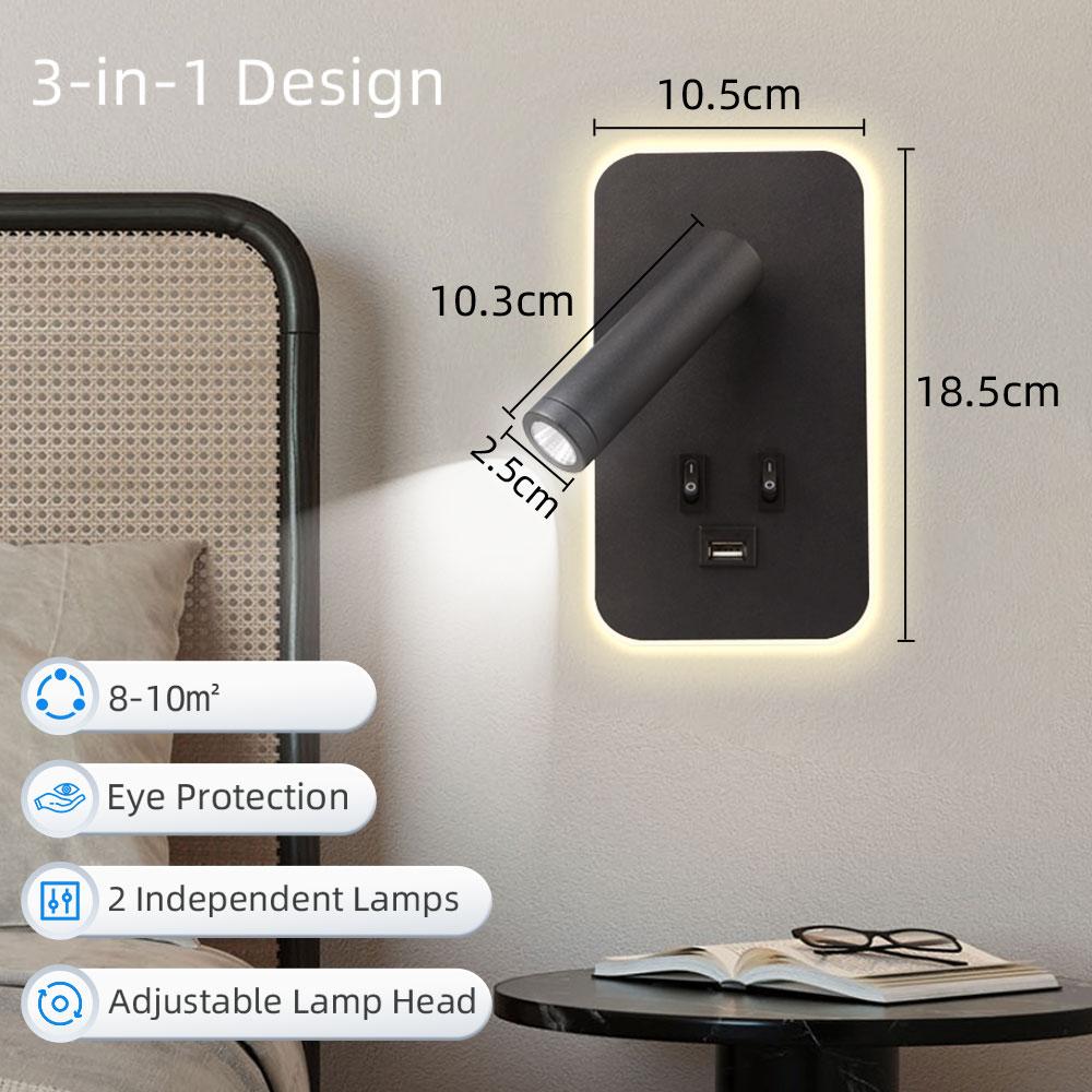 Bedside Wall Lamp with USB Switch Charging Port LED Rotation Reading Light Wall Mounted Spotlight Bedroom Bedside Corridor Decor