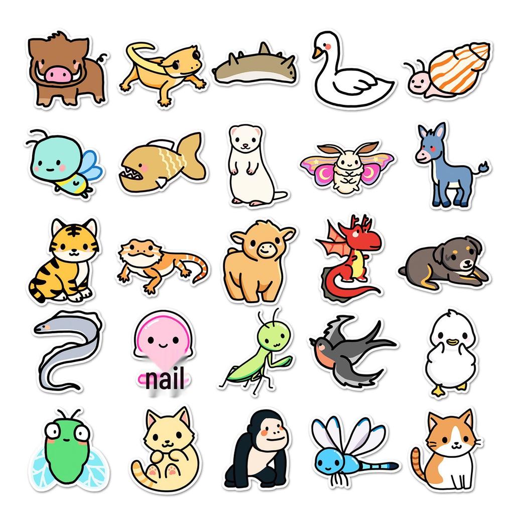 50 Cartoon Animal Stickers Set: Cute, Hand-Painted, Waterproof Decorative for Stationery & Planners