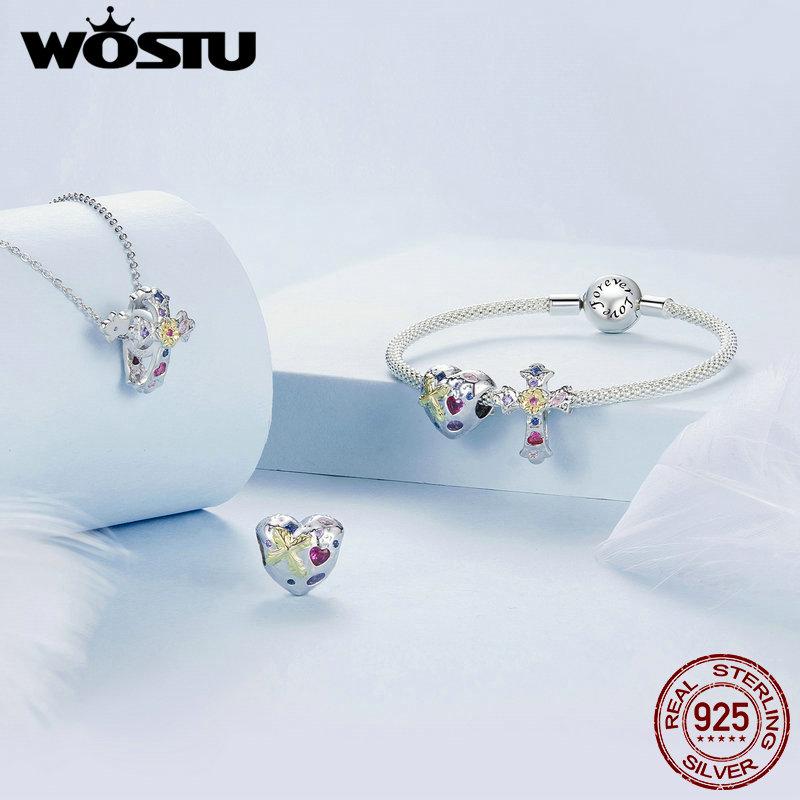 WOSTU 925 Sterling Silver Vintage Cross Pendant Heart Charm elephant Cat Beads Fit DIY Bracelet Necklace Retro Jewelries Gift