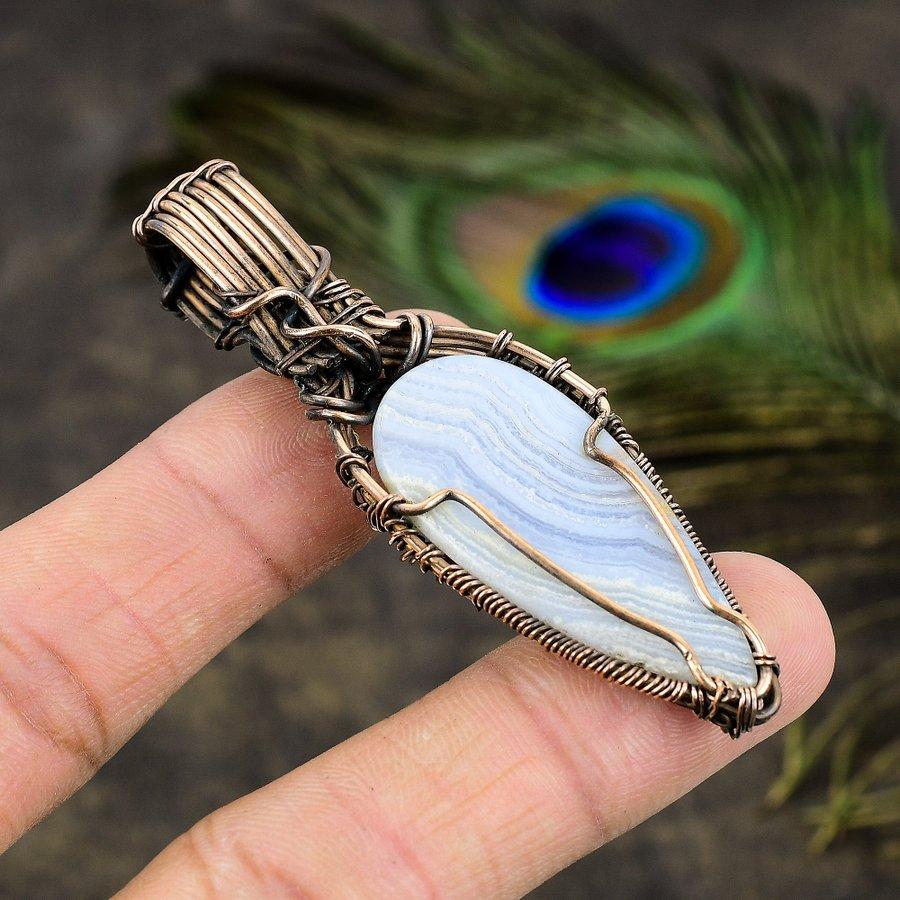 Blue Lace Agate, Moonstone Copper Wire Wrap Jewelry Pendant 2.76" P7a57
