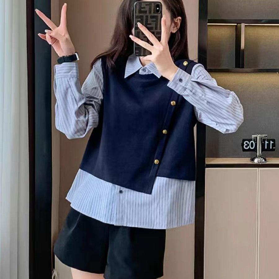 2025 Stylish Striped Patchwork Two-Piece Long Sleeve Fashion Top